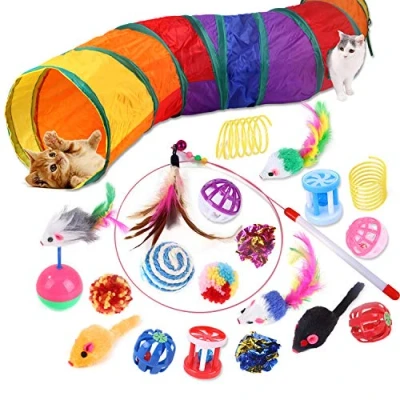 Image of Wefine 20 Pcs Cat Toys, Kitten Toys for Indoor Cats, Tunnel Interactive Feather Teaser Wand Ball Toy Set Kitty and Cats