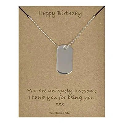 Image of Strictly Gifts Happy Birthday Men&#039;s Sterling Silver Dog Tag Necklace Pendant 51cm Bead Chain