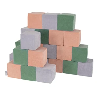 Image of KiddyMoon Soft Foam Velvet Cubes Building Blocks 14Cm For Children Montessori Toy Babies, Certified Made In EU, 24 Pieces, Cubes:Forest Green Desert Pink Grey Mountains