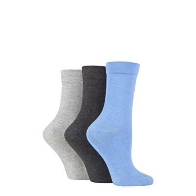 Image of SockShop Ladies Gentle Bamboo Socks with Smooth Toe Seams In Plains and Stripes Pack of 3 Blue/Light Grey/Charcoal 4 8