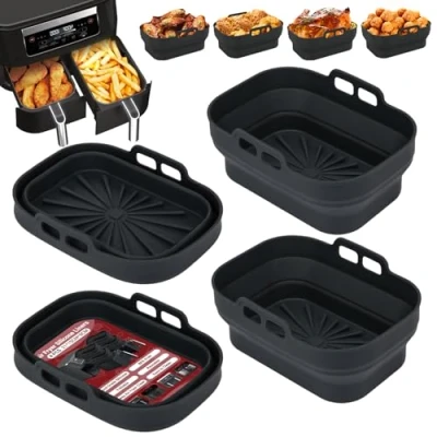 Image of Alyvisun Air Fryer Silicone, 4PCS Reusable Dual Airfryer Accessories Liner Foldable Baking Rack Moulds Rectangular Basket Versatile Non Stick Tray (Black)