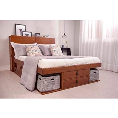 Image of storage bed Bali Continental King (160x200 cm) Caramel Double frame with drawers and shelves, ideal for small bedrooms Sturdy platform of solid pine wood Incl. slatted