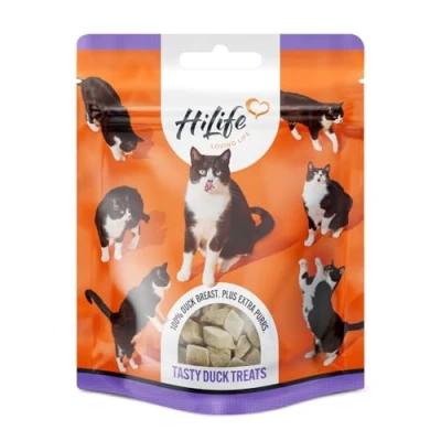 Image of HiLife Duck Breast Cat Treats, Freeze Dried &amp; Grain Free Treats for Adult Cats, Made With 100% Natural Ingredients, Suitable Indoor Outdoor Cats (12 Bags x 10g)