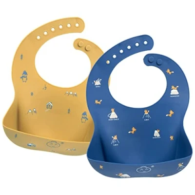 Image of Little Dimsum Silicone Baby Feeding Bibs Easily Adjustable and Wipe Clean Soft Waterproof Perfect for Babies &amp; Toddlers(Yellow&amp;Blue)