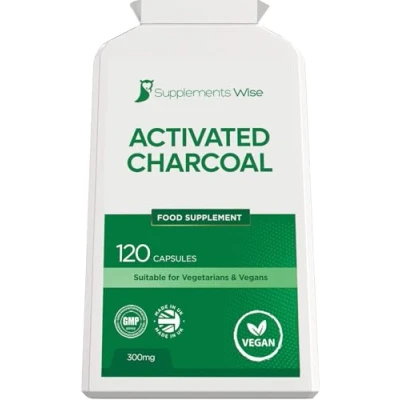 Image of Activated Charcoal Capsules 120 x 300mg Tablets for Flatulence and Trapped Wind Pure Active Powder from Coconut