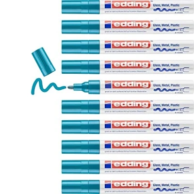 Image of edding 750 gloss paint marker light blue 10 markers round tip 2 4 mm pen for glass, pebbles, wood, plastic, paper waterproof, high coverage