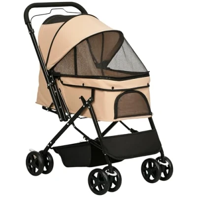 Image of PawHut Dog Stroller, Pet Foldable Cat Travel Pushchair with Reversible Handle, EVA Wheels, Brake, Basket, Adjustable Canopy, Safety Leash, for Small Dogs, Light Brown