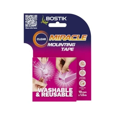 Image of Bostik Miracle Mounting Tape Clear Ultra Strong, Double Sided Washable &amp; Reusable Supports 1kg per 20cm 19mm x 1.5m Roll