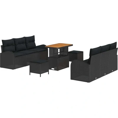 Image of vidaXL 9 Piece Garden Sofa Set with Cushions Black Poly Rattan Acacia