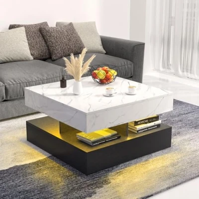 Image of Wilitto LED Coffee Table for Living Room, 2 Tier Modern Middle Center Table, High Gloss Square with Light, Cocktail Tea Wooden Centre Room White&amp;Black