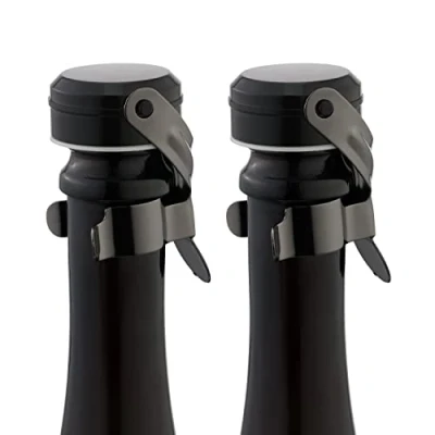 Image of WOTOR Champagne&amp;Wine Stopper Stainless Steel with Food Grade Silicone, Leak Proof and Bubble Retaining Saver Keeps Wine&amp;Champagne Fresh，Suitable for All Standard Size Wine&amp;Sparkling(2 Pack MetalBlack