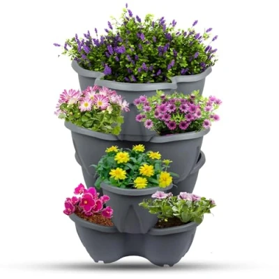 Image of Faboer Set of 6 Black Stackable Trio Strawberry Planter Pot Vegetables Potatoes, Tomatoes, Flowers, Fruits Garden Patio Outdoor Self Watering Vertical Flower