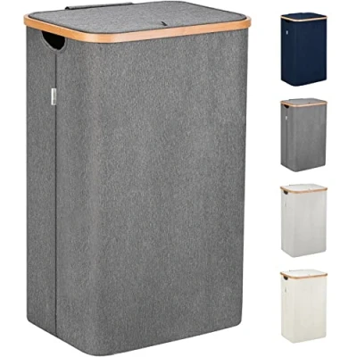 Image of Lonbet Grey Laundry Hamper with Lid XL 100 L Large Hampers for Handles Baskets Bedrooms Bamboo Bathroom Tall Bin
