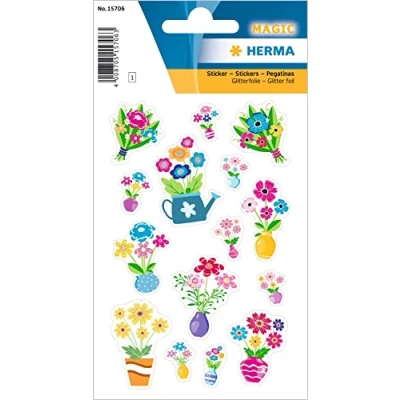 Image of HERMA 15706 Glitter Film Stickers for Children, Flowers (15 Stickers, Foil, Glittery) Self Adhesive, Permanent Adhesive Motif Labels Girls and Boys, Colourful