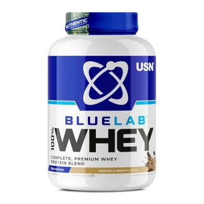 Image of USN Blue Lab Whey Protein Powder, Cookies &amp; Cream Flavour 2kg (58 Servings), Premium Isolate Dietary Supplement, Post Workout Lean Muscle Growth BCAA Amino Acids Powder