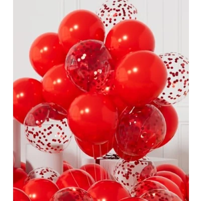 Image of AULE Red Confetti Latex Balloons: 42 Pack 12 inch Chrome Party Balloons and Dark Helium Balloon with Ribbons for Birthday Graduation Wedding Valentine&#039;s Day Decoration