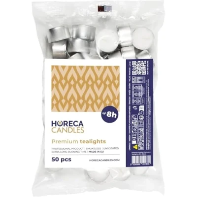 Image of Horeca Candles 50 Premium Tealights Burning Time 8 Hours Set of Tea Lights White Unscented