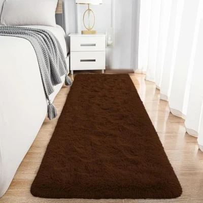 Image of Hafaa Rugs Living Room Fluffy Shaggy Brown Area for Bedroom, Hallway Runner Anti Slip Modern Super Soft Plush Carpet Non Shedding Easy To Clean Rug, 60cm x 220cm