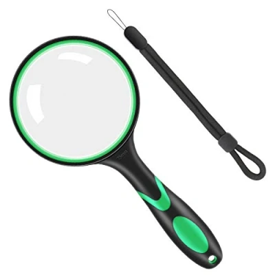 Image of Vicloon Magnifying Glass, 10X Handheld Reading Magnifier, 75mm Lens Glass with Hanging Rope and Rubber Handle for Observation Book Fault Finding (Green)