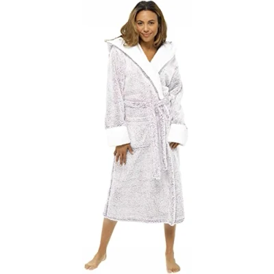 Image of KATE MORGAN Ladies Dressing Gown Fluffy Super Soft Hooded Bathrobe for Women Plush Fleece Perfect Loungewear Long Robe Gifts L Pink Rose
