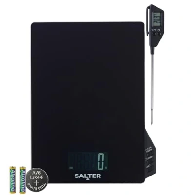 Image of Salter Thermometer &amp; Scale Set Built in Timer Clock, Detachable Probe, Aquatronic for Measuring Liquids, Celsius/Fahrenheit, Multiple Measure, LCD Display, Up to 5kg, SA00617FEU12
