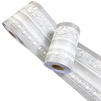 Image of Mesoar 3D Grey Floral Wallpaper Border Wall Peel Stick Molding Home Ceiling Sticker for Bathroom Living Room Kitchen 10cm by 16.4ft