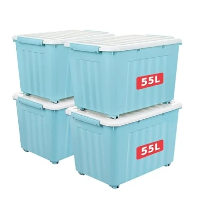 Image of Cetomo 55L*4 Aufbewahrungsboxen mit Deckeln, Kunststoff Aufbewahrungsbox Rollen und Clips, Kunststoffbox für Zuhause Büro, BPA frei, Nestbar, Stapelbar, Blau, 55L 4er Pack