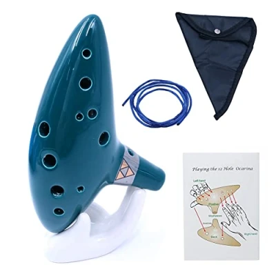 Image of Alnicov 12 Hole Green Ocarina Ceramic Alto C Durable Music Instrumen with Getting Started Guide Display Stand