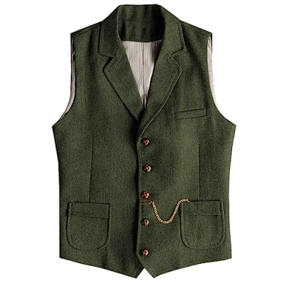 Image of AeoTeokey Men&#039;s Western Herringbone Tweed Suit Vest Wool Slim Fit Waistcoat (Army Green,L)