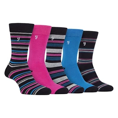 Image of Farah Mens 5 Pack Natural Organic Bamboo Bright Striped Patterned Socks (6 11, Charcoal/Pink)
