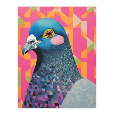 Image of Wee Blue Coo Perky Pigeon Oil Painting Pink Orange Vibrant Animal Portrait Extra Large XL Wall Art Poster Print