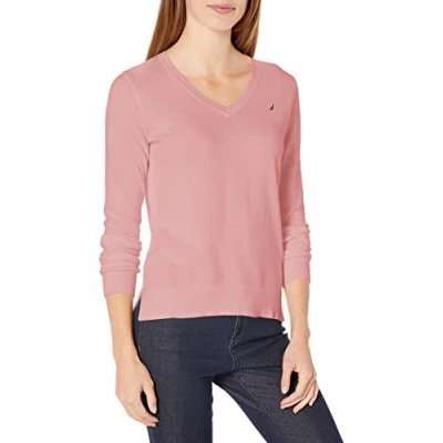 Image of Nautica Women&#039;s Effortless J Class Long Sleeve 100% Cotton V Neck Sweater, Orchid Pink, Small