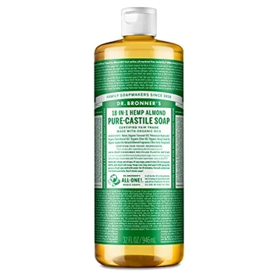 Image of Dr Bronner&#039;s 18 in 1 Almond Pure Castile Liquid Soap, Made with Organic Oils, Used for Face, Body, Hair, Laundry, Pets and Dishes, Certified Fair Trade &amp; Vegan Friendly, 946ml Recyled Bottle