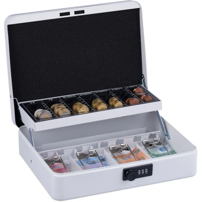 Image of Relaxdays Cash, 3 Digit Number Combination, Coin Insert, Iron Money Box, H x W D: 8.5 30.5 25 cm, White, 60% 30% Plastic 10% Steel, 8,5 30,5 cm