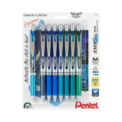 Image of Pentel EnerGel RTX Retractable Liquid Gel Pen, Chill Expressions Pack, 0.7mm, Metal Tip, Medium Line,Assorted Ink, Pack of 8 Pens (BL77XCHIBP8M)