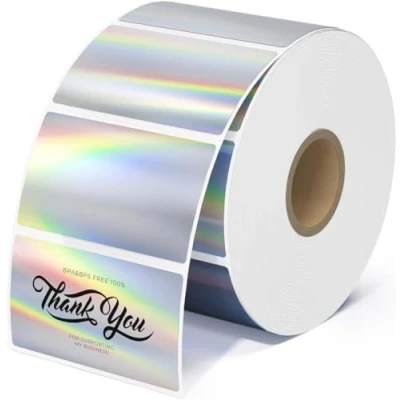 Image of MUNBYN 57mmx32mm Holographic Thermal Sticker Labels, Self Adhesive Rectangle Multi Purpose for DIY Logo Design, QR Code, Name Tag, Inventory 500 Labels/1 Roll