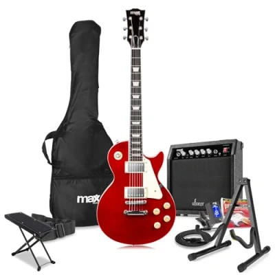 Image of Max GigKit Electric Guitar Package with Amplifier, Stand, Footrest, Tuner, Strap, Bag and Strings Set LP Style Dark Red