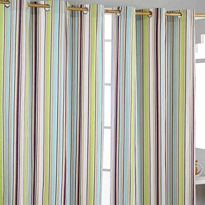 Image of HOMESCAPES Osaka Green Stripes Eyelet Curtain Pair 117cm (46&quot;) Wide x 137cm (54&quot;) Drop 100% Cotton Ring Top Striped Curtains