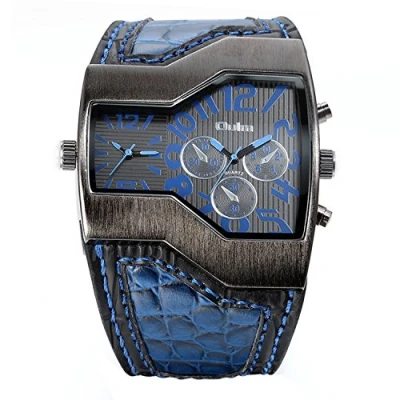 Image of JewelryWe Military Sport Watch Dual Quartz Movement Mens Leather Band Wristwatch with Decorative Sub dials