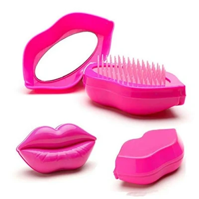 Image of 1pc Portable Lip Shaped Hairbrush Mini Hair Comb Styling Detangling Massage Brush with Mirror Compact Pocket for Home or Travel(pink)