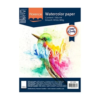 Image of Vaessen Creative Florence Watercolour Paper A4, Ivory, 300 GSM, Artist Grade Quality, Smooth Surface, 100 Sheets for Painting, Handlettering, Art Projects, White