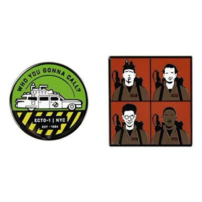 Image of Pin Kings Official Ghostbusters Who You Gonna Call Collectible Metal Enamel Badges Set of Two Pins on a Backing Card Merchandise