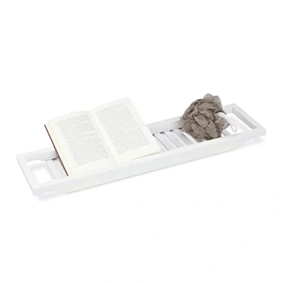 Image of Relaxdays Bamboo Bath Caddy, Bathtub Bridge, Tray for The Tub, Lacquered White, 5.40 x 67.80 16.60 cm