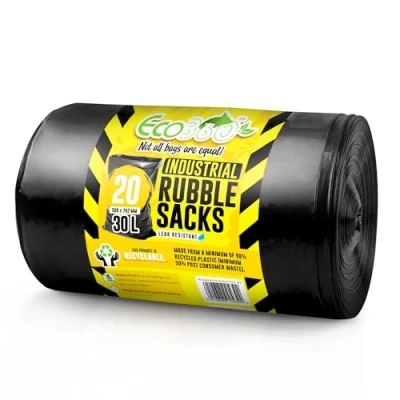 Image of EcoBag 20 Pack Black Rubble Bags 30L 80 Microns Recyclable Heavy Duty Bin Bags, Leak Resistant Sacks, Eco Friendly Garden Liners for Garden, Builders, Kitchen &amp; DIY(508x762mm)