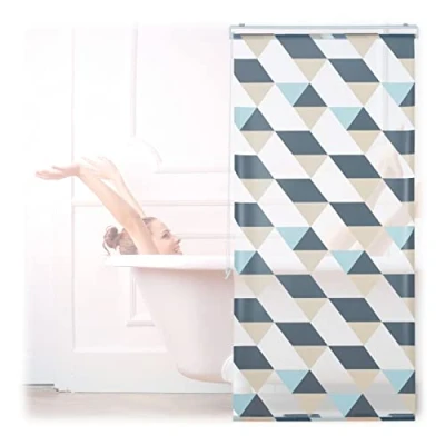 Image of Relaxdays Shower Roller Blind, Geometric Pattern, Flexible Mounting, for Bath and Window, HxW: 80x240 cm, Colourful