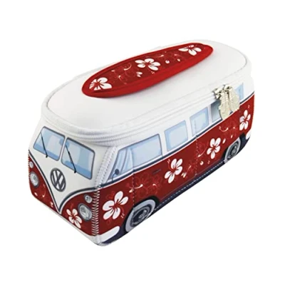Image of BRISA VW Collection Volkswagen Neoprene Universal Makeup Cosmetics Toiletry Travel Pharmacy Bag in T1 Bus Design (Hibiscus/Red/Small)