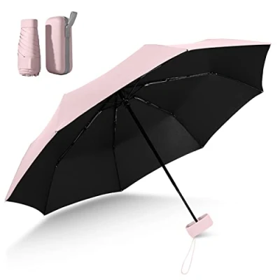 Image of Lohoom Folding Travel Umbrella, Mini Umbrella 6 Ribs Small UV with Capsule Case Anti Fast Dry and Ultra Lightweight (stamen powder)