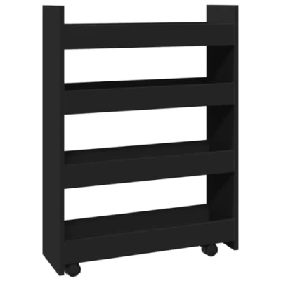 Image of vidaXL Narrow Storage Trolley 4 Tier Bookcase Shelf Black Engineered Wood Mobile Rolling Cart for Living Room/Kitchen/Bathroom 60 x 20 82 cm