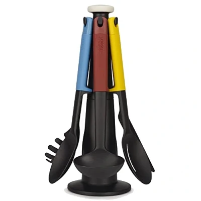 Image of Joseph Elevate Kitchen tools &amp; gadgets Carousel 6 Piece Utensil Set with rotating stand, Ergonomic silicone handles, non stick head Blue Multicolour