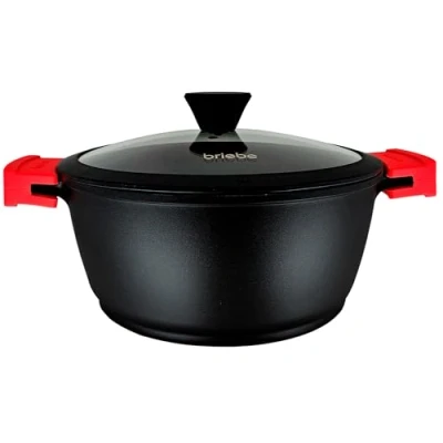 Image of briebe Black Titanium Non stick Induction Cooker, Casserole 28 cm, Cast Aluminum, PFOA free coating, Glass Lid, Removable Silicone Handles, ceramic, Gas, Oven